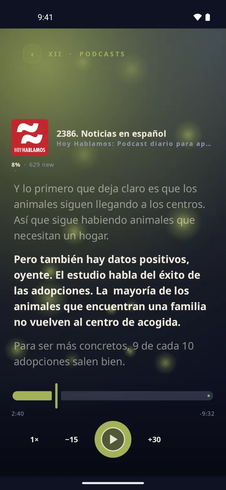 Screenshot of Glossy: Podcasts in the language you're learning, with the text in front of you