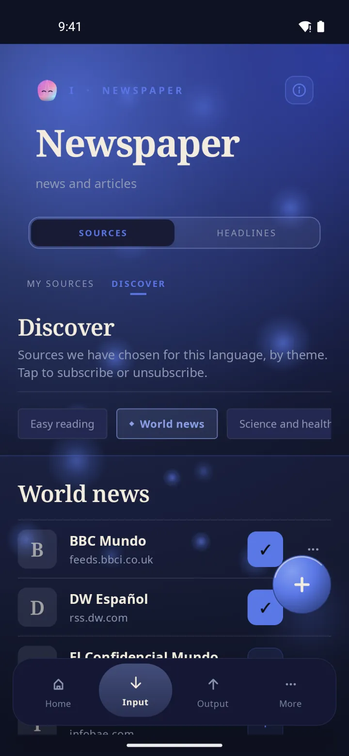 Screenshot of Glossy: Newspapers and sites, chosen by theme