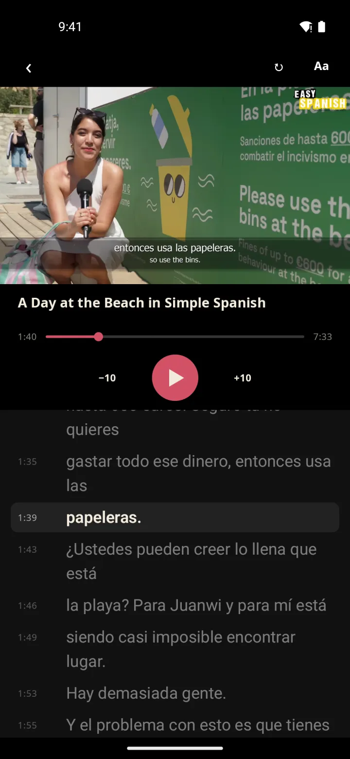 Screenshot of Glossy: YouTube with a transcript you can tap